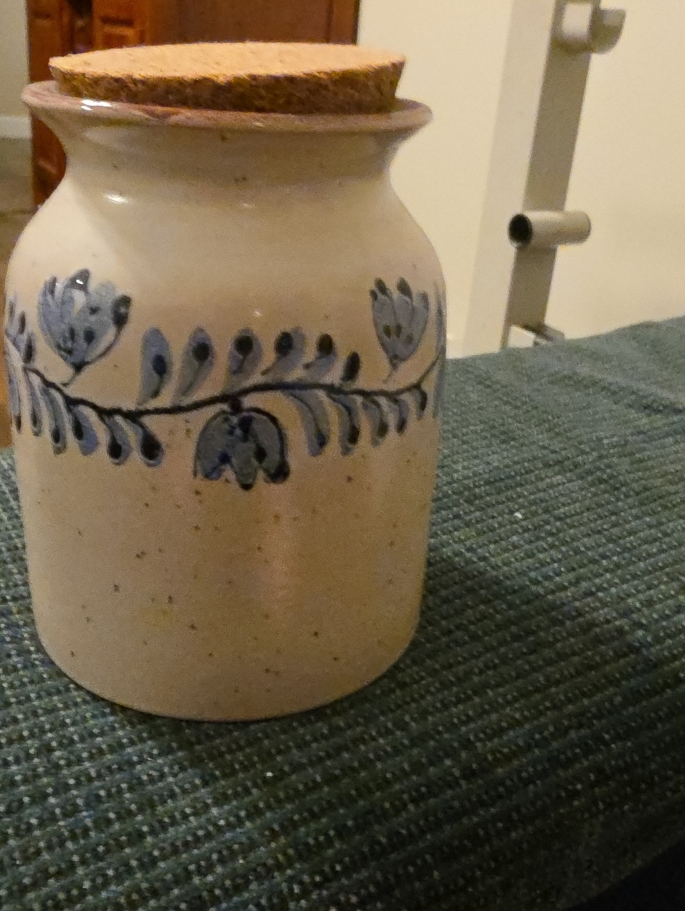 Ethan Allen Cream Ceramic Jar with Blue Floral Band and Cork Lid